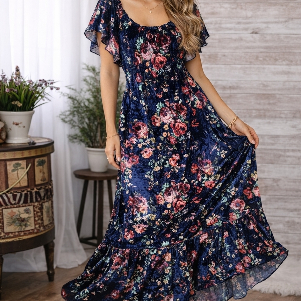 LulaRoe Cici Navy Velvet dress, Size XL Flounce Ruffle off the shoulder Velour - Picture 1 of 11